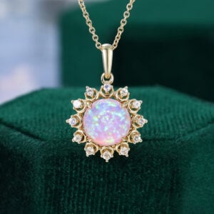 Lab Pink Opal & Moonstone Halo Pendant Necklace