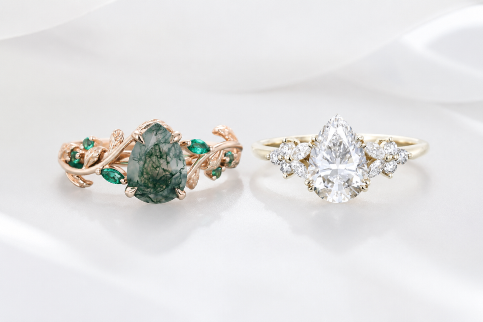 Moss Agate vs Diamond Engagement Rings