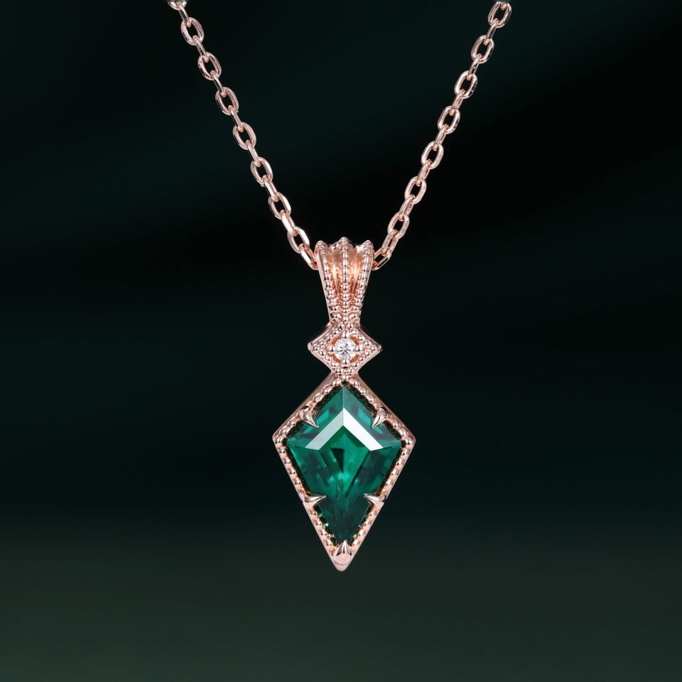 Vintage Kite Cut Emerald Milgrain Pendant Necklace May Birthstone Gift