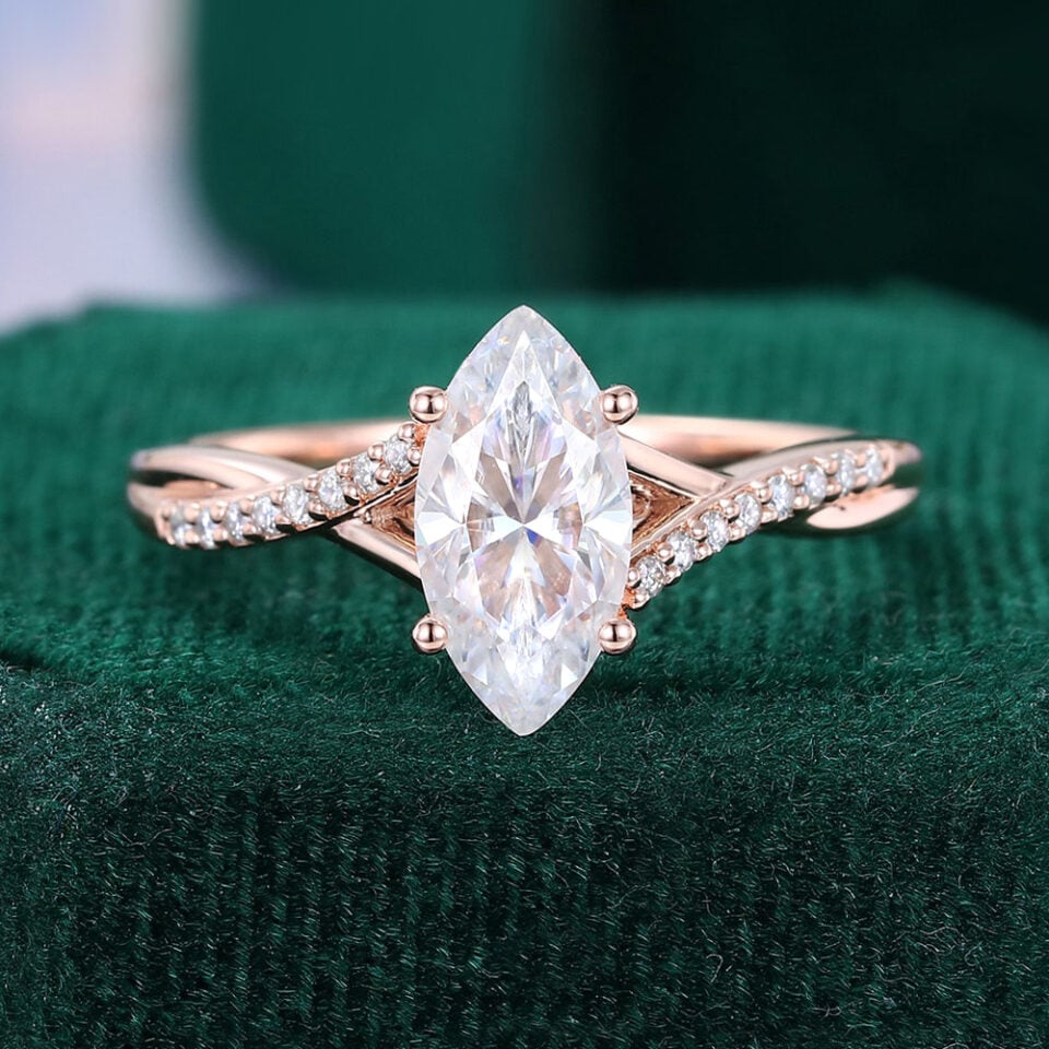 1CT Marquise Cut Moissanite Engagement Ring With Unique Pavé Crossover Shank