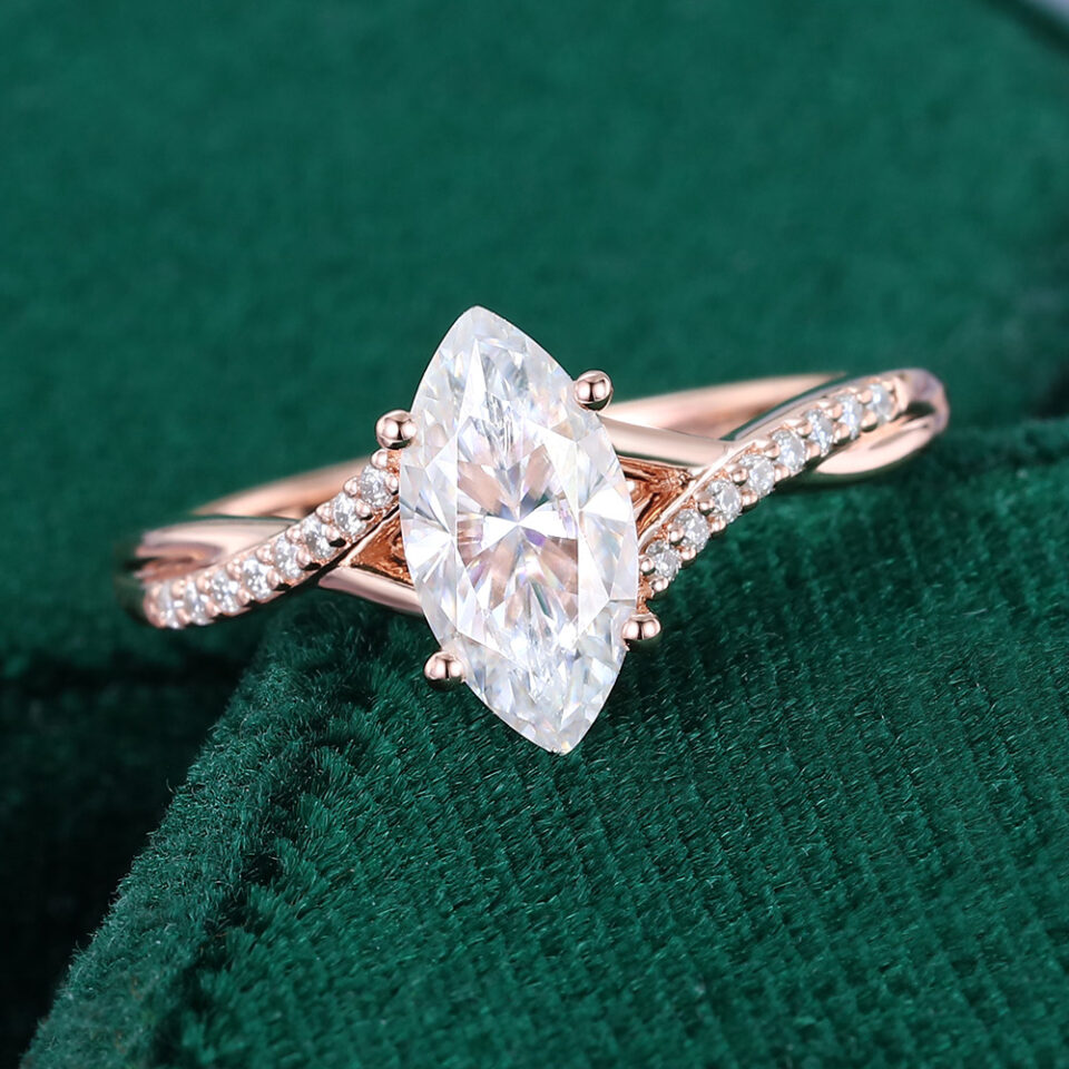 1CT Marquise Cut Moissanite Engagement Ring With Helix Pavé Crossover Shank (7)