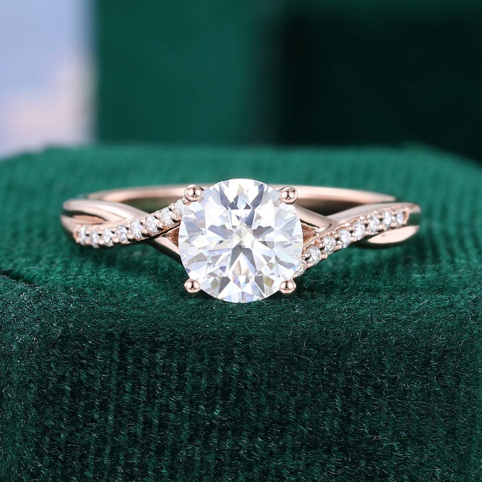 1CT Round Cut Moissanite Engagement Ring With Unique Pavé Braid Band
