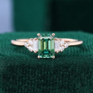 Art Deco Emerald Cut Green Moissanite Engagement Ring with Baguette & Cluster Accents
