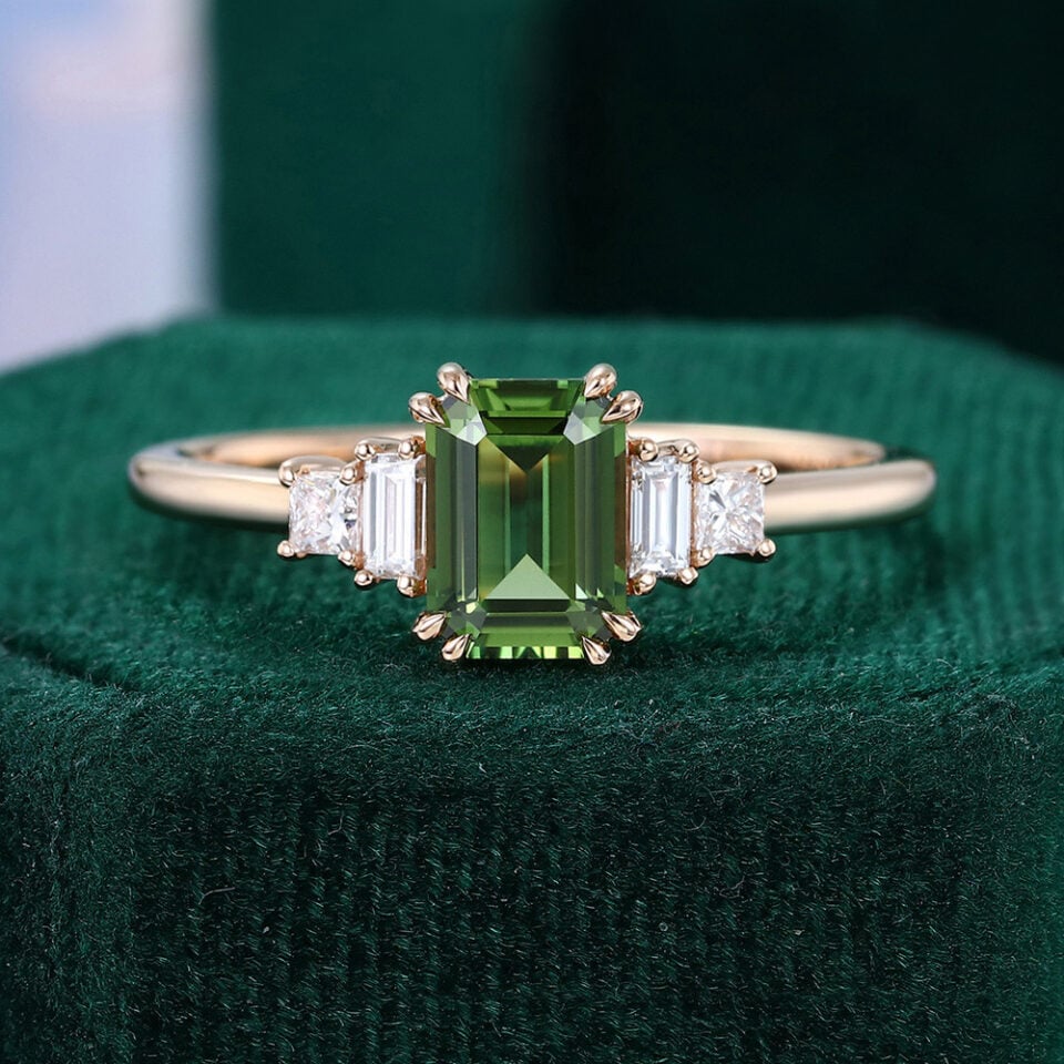 Art Deco Emerald Cut Green Sapphire Engagement Ring With Doule Claw Prong Setting