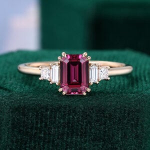 Art Deco Emerald Cut Raspberry Garnet Engagement Ring with Doule Claw Prong Setting