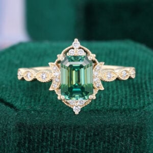 Emerald Cut Green Moissanite Milgrain Crescent Halo Engagement Ring