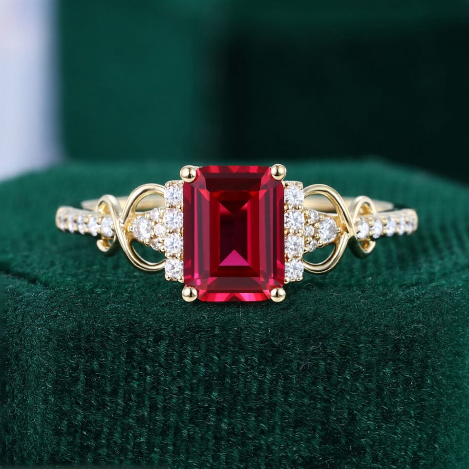 Emerald Cut Ruby & Diamond Infinity Pavé Engagement Ring