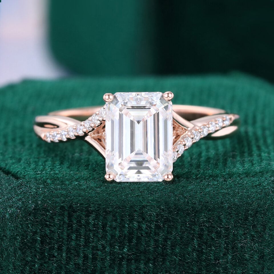 Emerald Cut Moissanite Pavé Engagement Ring With Twisted Band