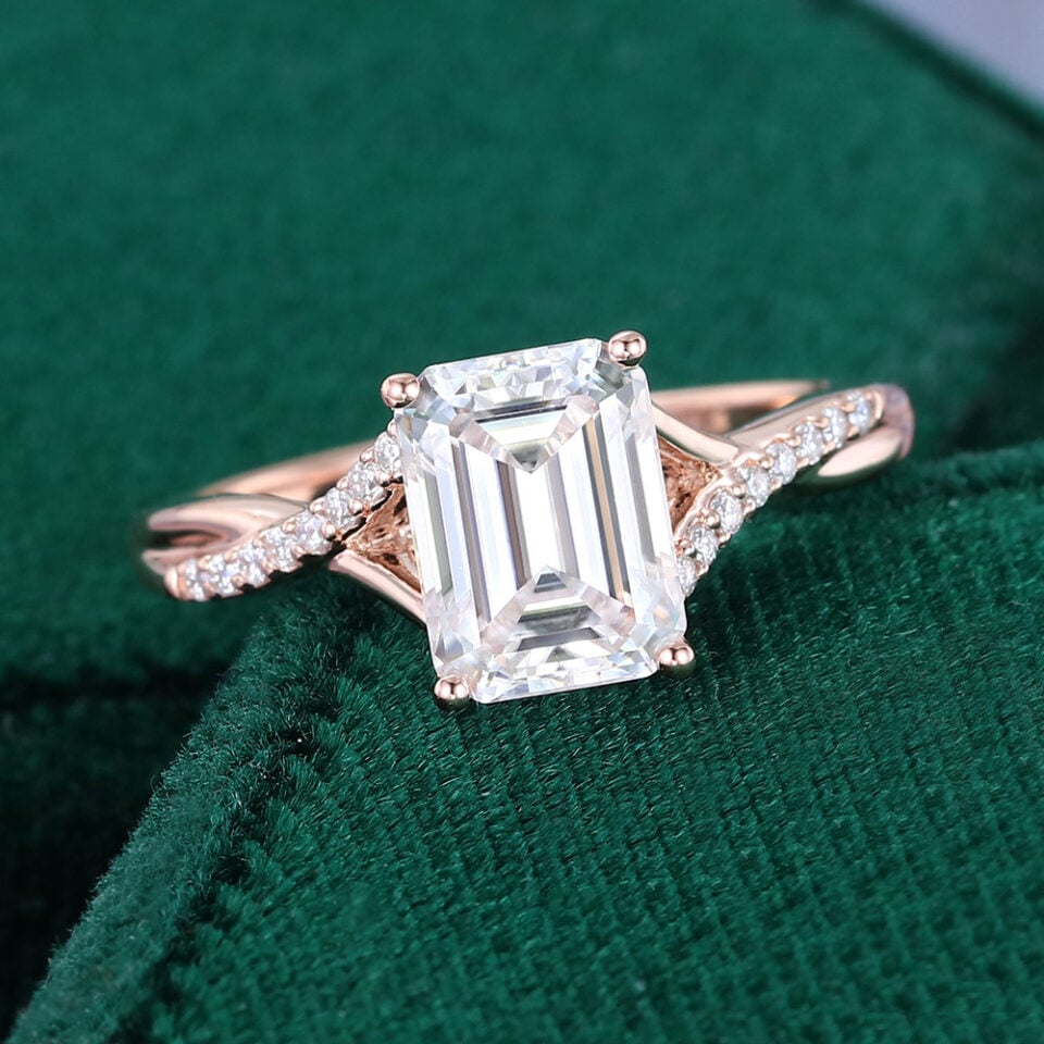 Emerald Cut Moissanite Pavé Engagement Ring With Unique Split Shank (5)