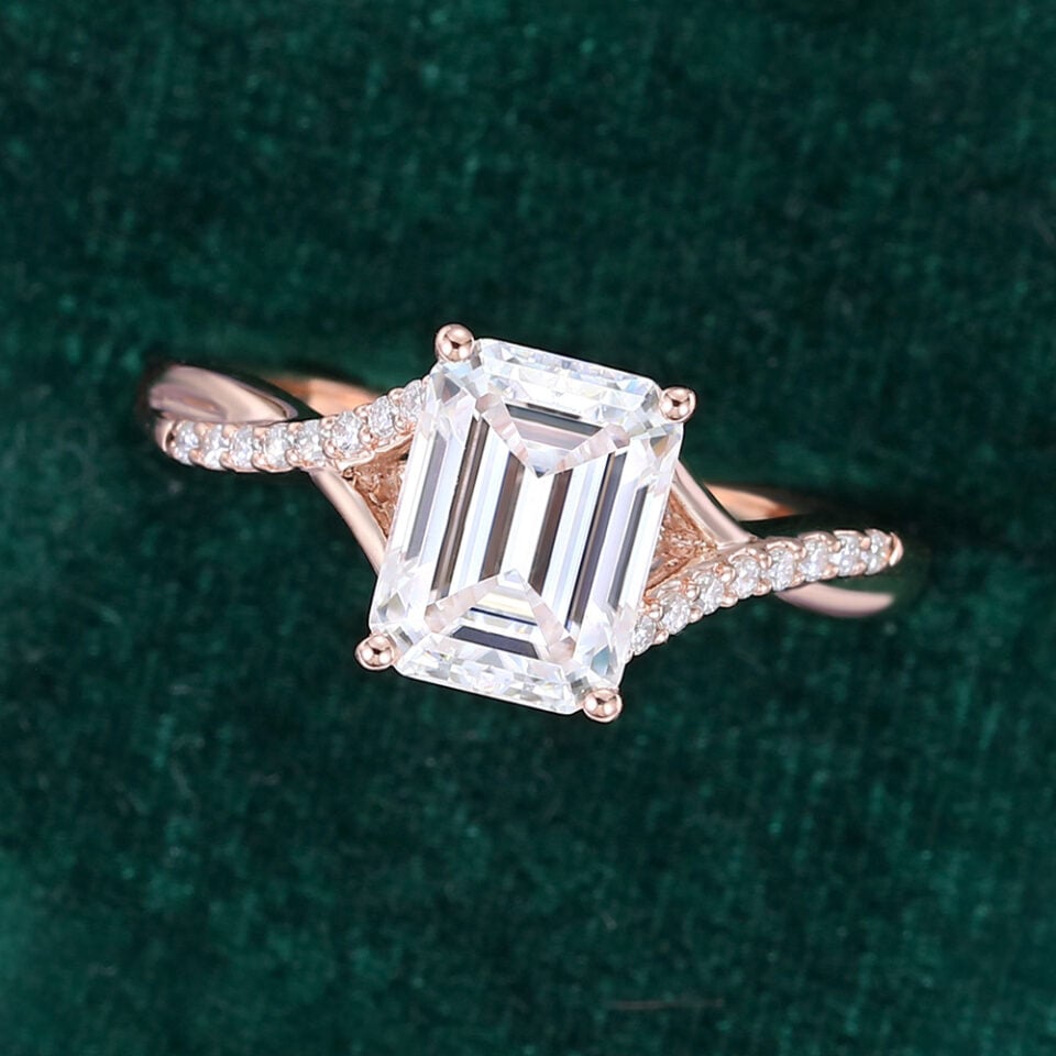 Emerald Cut Moissanite Pavé Engagement Ring With Unique Split Shank (7)