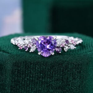 Heart Cut Amethyst Cluster Engagement Ring With Mixed Gemstones Twisted Band