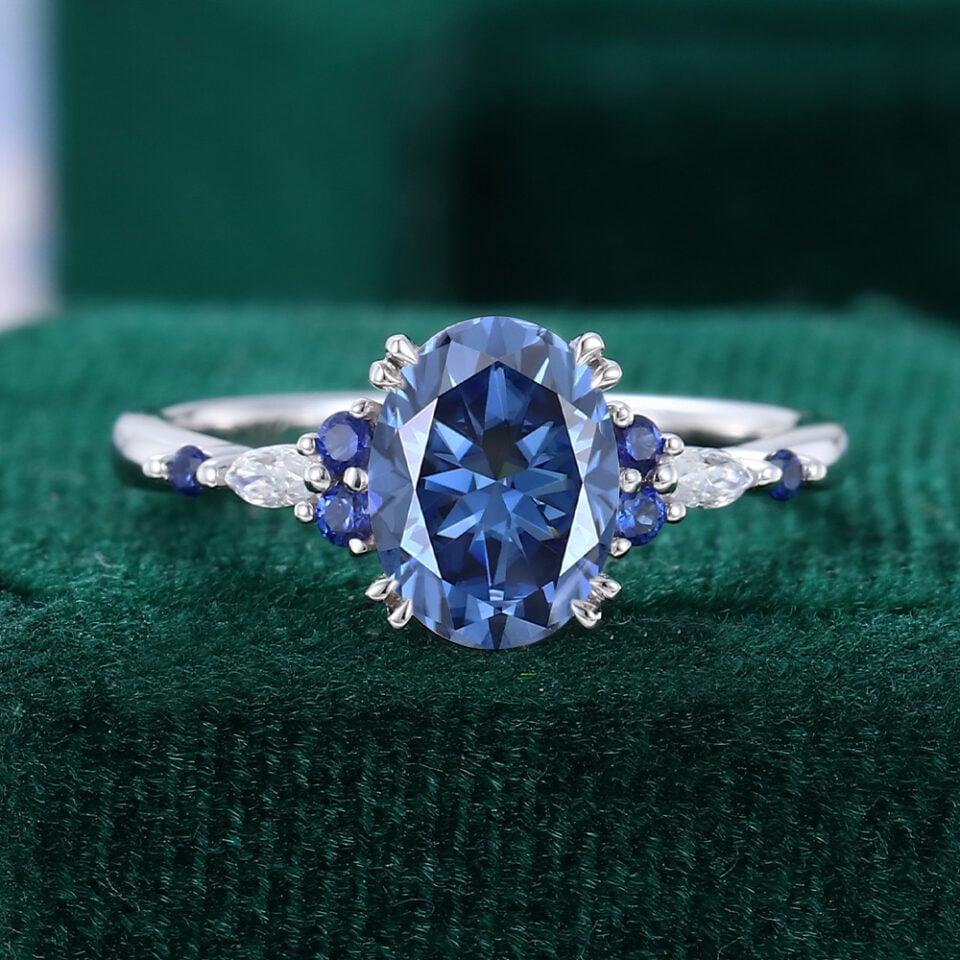 Oval Cut Blue Moissanite Engagement Ring With Sapphire Accents