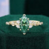 Marquise Cut Green Moissanite Engagement Ring With Leaf Engraved Band