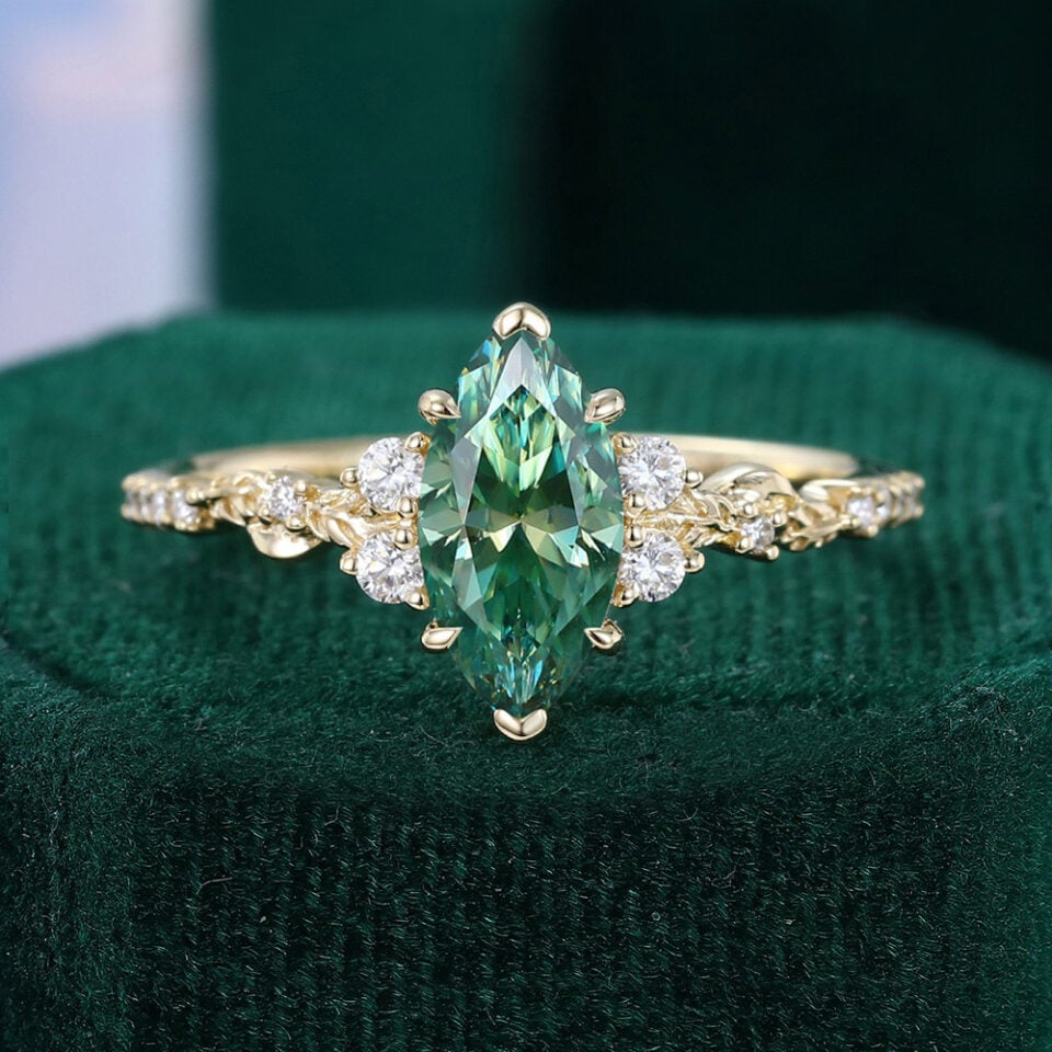 Marquise Cut Green Moissanite Engagement Ring With Leaf Engraved Band