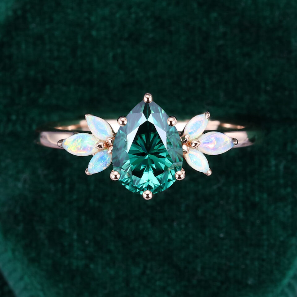 Pear Shaped Green Moissanite Engagement Ring with Opal Side Stones (2)