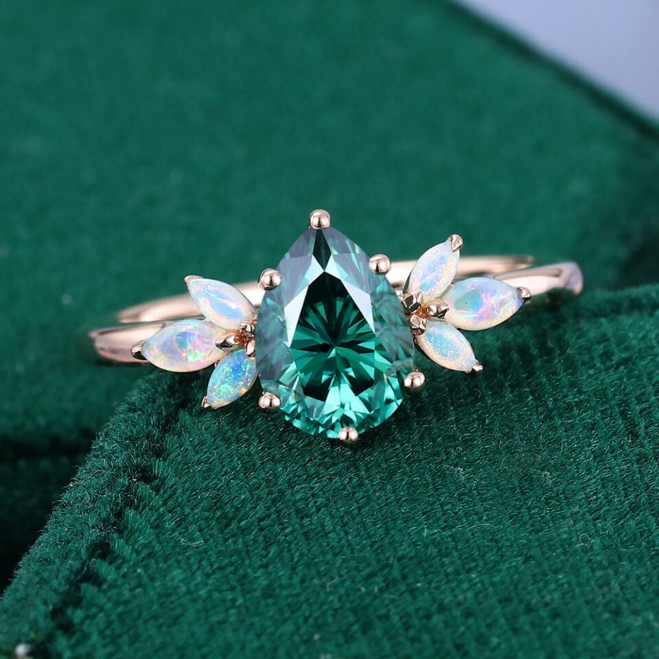 Pear Shaped Green Moissanite Engagement Ring with Opal Side Stones (3)