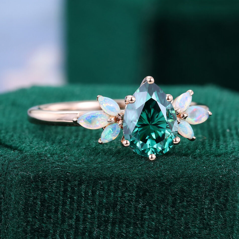 Pear Shaped Green Moissanite Engagement Ring with Opal Side Stones (4)