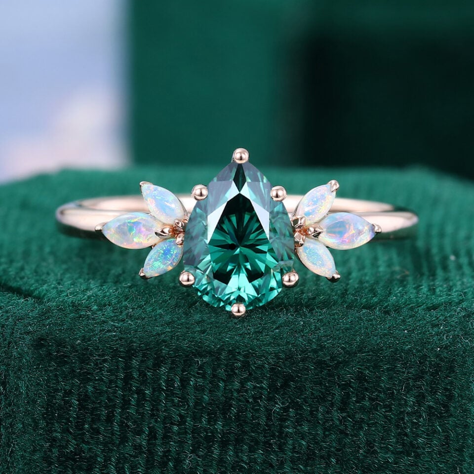 Pear Shaped Green Moissanite Engagement Ring With Opal Cluster Accents