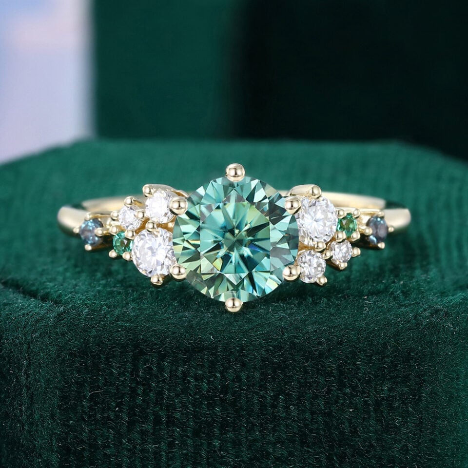 Snowdrift | Round Cut Green Moissanite Cluster Engagement Ring with Mixed Gemstone Accents