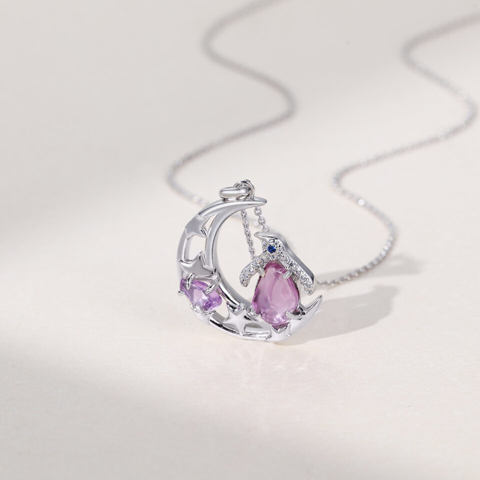Celestial Penguin Organic Shaped Purple Sapphire Pendant Necklace