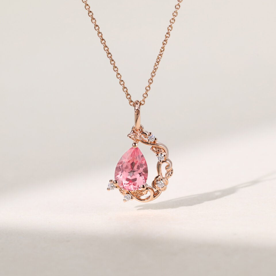 Crescent Vine Pear Cut Pink Sapphire Pendant Necklace (2)