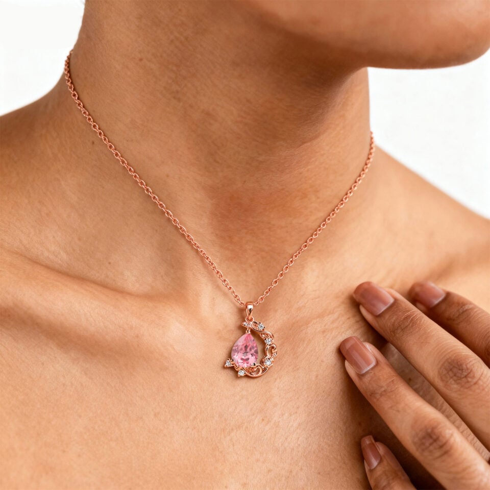 Crescent Vine Pear Cut Pink Sapphire Pendant Necklace (3)