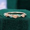 Floral Inspired Moss Agate Curved Wedding Band Rose Accented Promise Ring