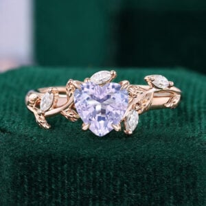 Heart Cut Lavender Amethyst Engagement Ring with Leaf Band
