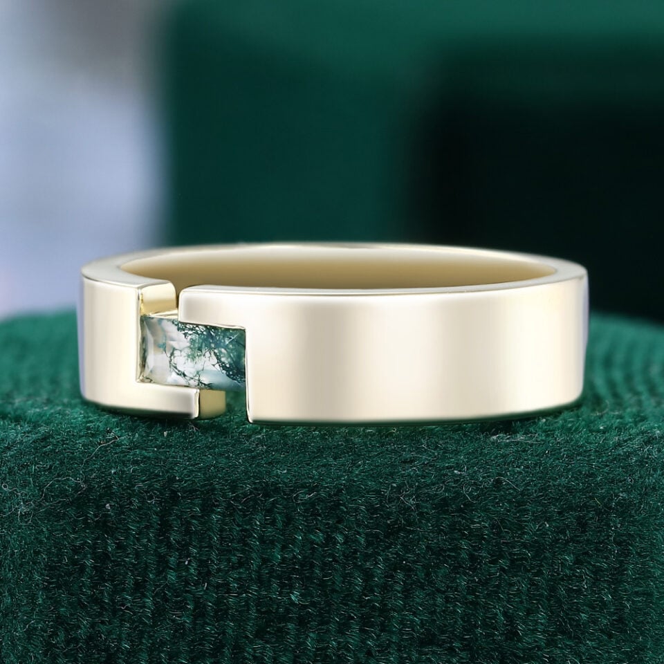 Horizontal Baguette Cut Moss Agate Gender Neutral Wedding Band (2)