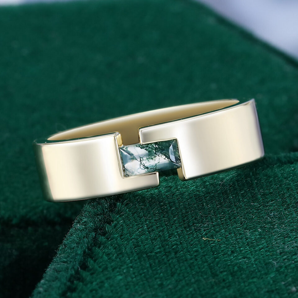 Horizontal Baguette Cut Moss Agate Gender Neutral Wedding Band
