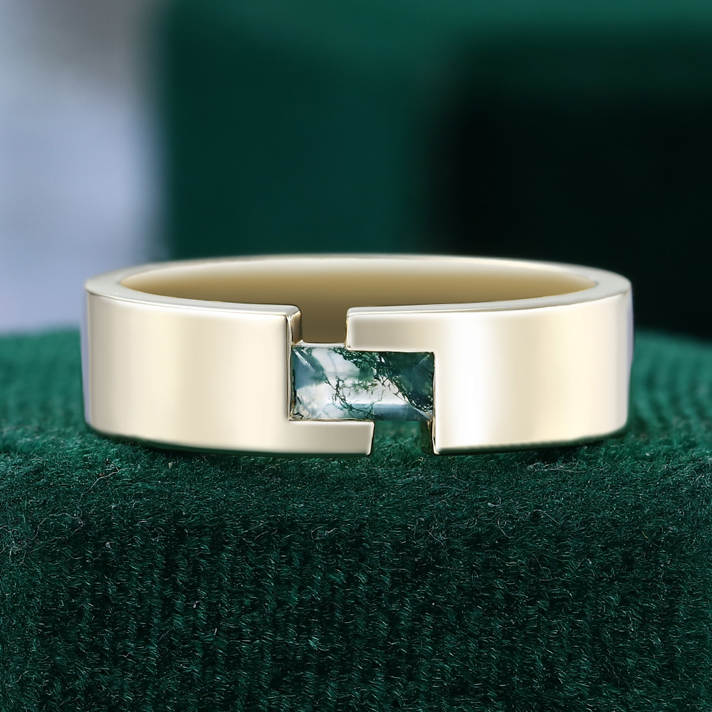 Horizontal Baguette Cut Moss Agate Gender Neutral Wedding Band Promise Ring for Him
