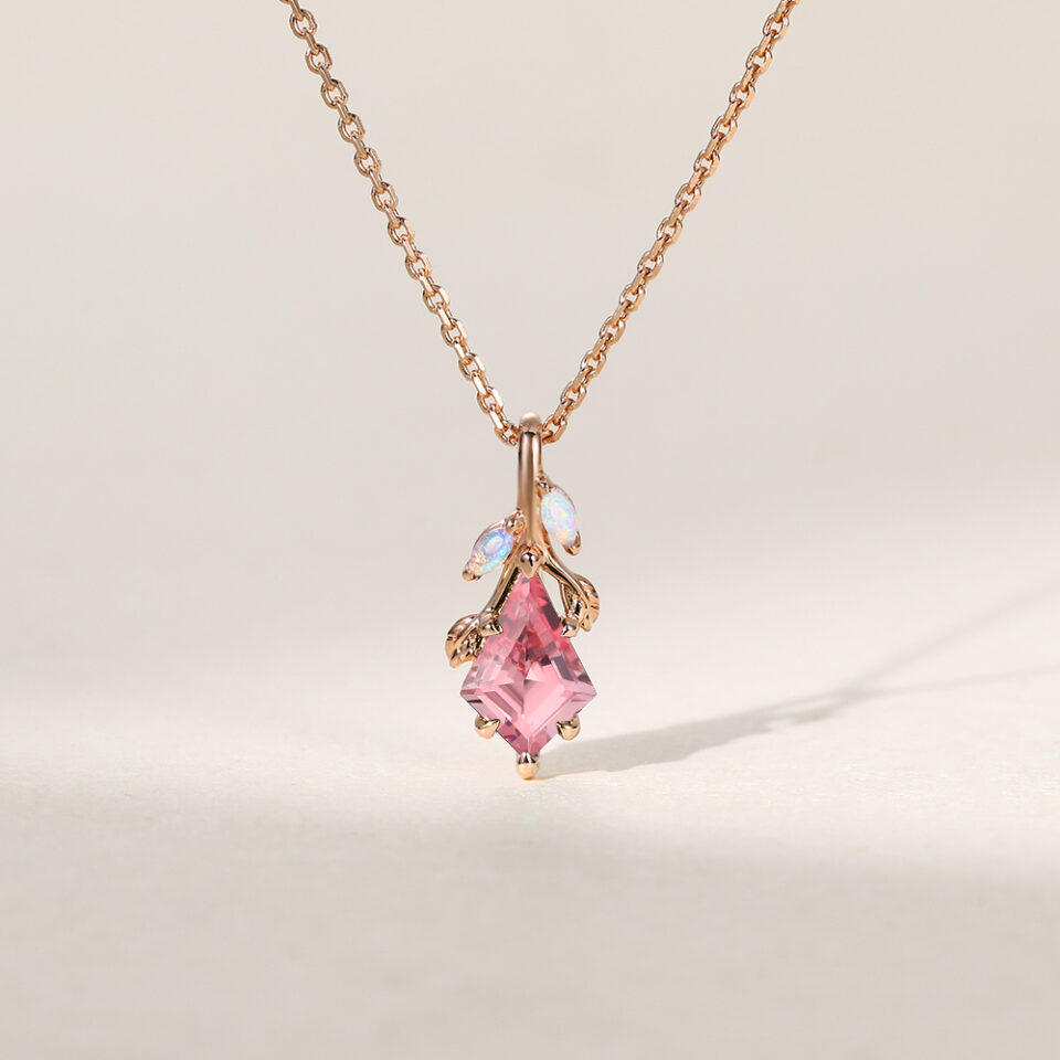 Kite Cut Pink Sapphire Leaf Pendant Necklace
