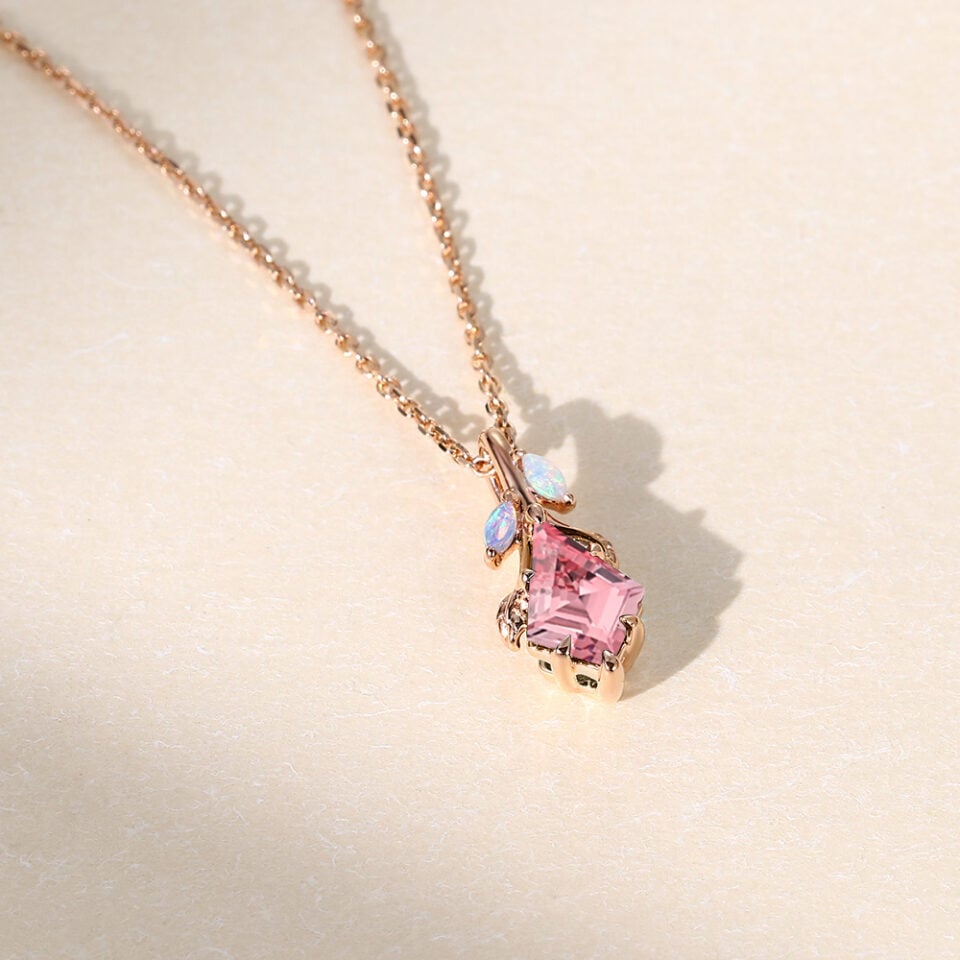 Kite Cut Pink Sapphire Leaf Pendant Necklace with Opal Accents (3)