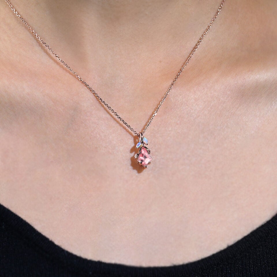 Kite Cut Pink Sapphire Leaf Pendant Necklace with Opal Accents (4)
