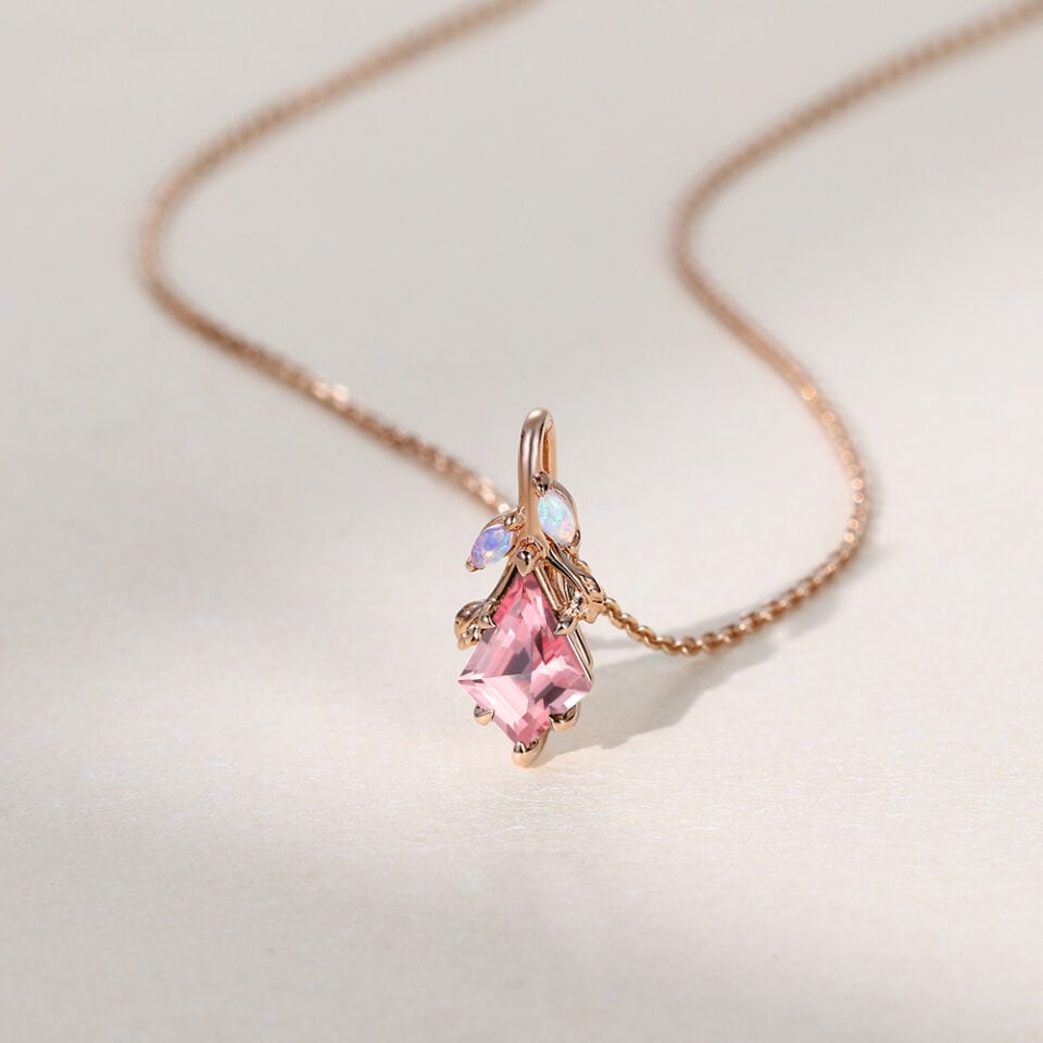 Kite Cut Pink Sapphire Leaf Pendant Necklace with Opal Accents (5)