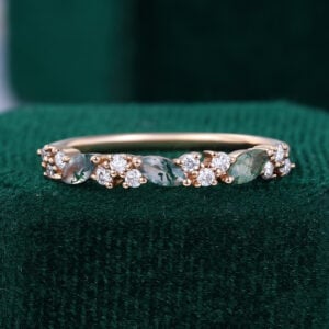 Tilted Moss Agate Cluster Promise Ring Half Eternity Stacking Wedding Band