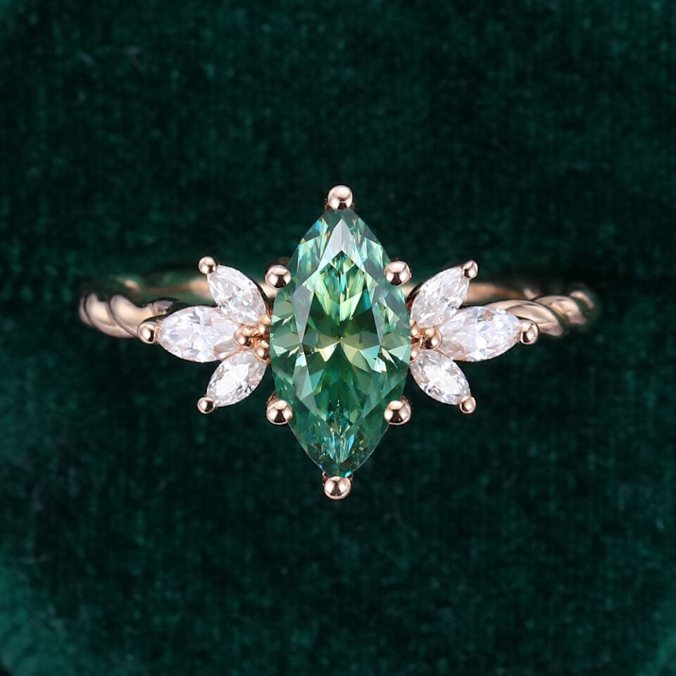 Marquise Cut Green Moissanite Engagement Ring Marquise Accented Twisted Design Promise Ring (6)
