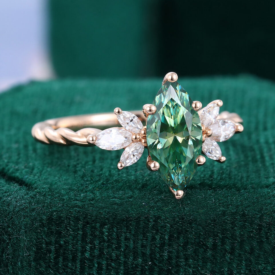 Marquise Cut Green Moissanite Engagement Ring Marquise Accented Twisted Design Promise Ring (7)