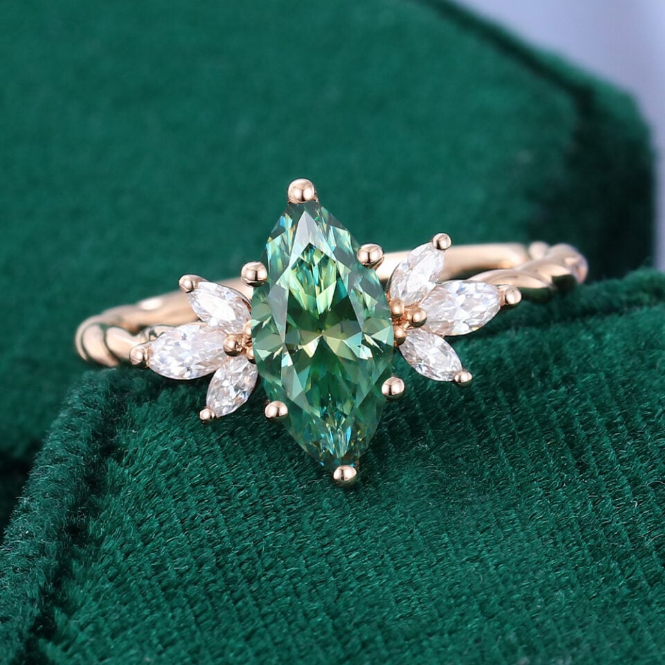Marquise Cut Green Moissanite Engagement Ring Marquise Accented Twisted Design Promise Ring (8)