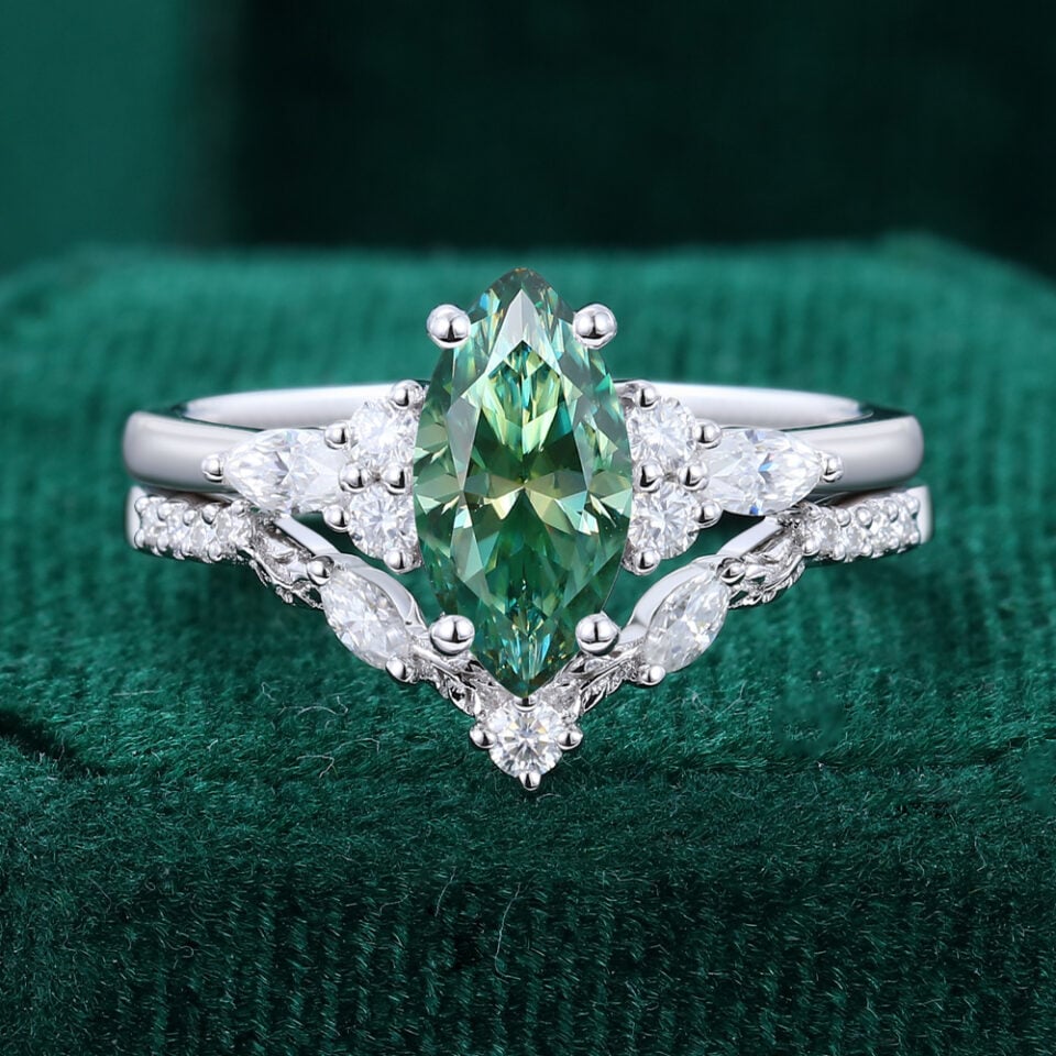 Marquise Cut Green Moissanite Bridal Ring Set with Carved Leaf Band