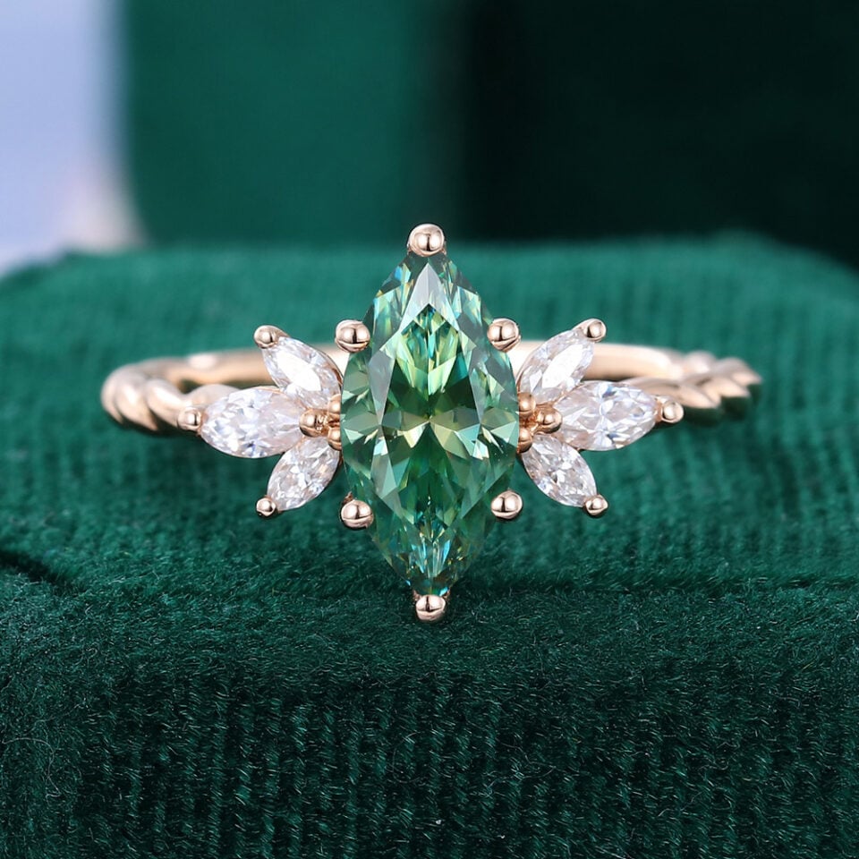 Marquise Cut Green Moissanite Cluster Engagement Ring With Twisted Band