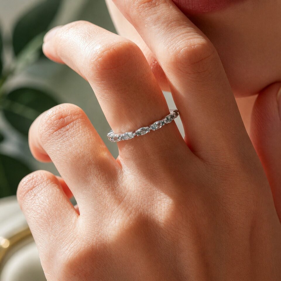Marquise Cut Moss Agate Promise Ring Stackable Full Eternity Wedding Band (2)