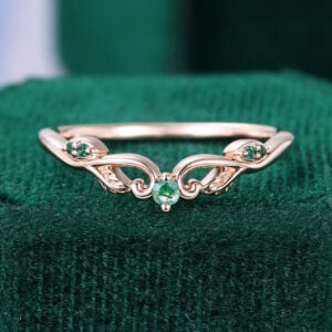 Moss Agate & Emerald Filigree Curved Wedding Band Nature Inspired Stacking Ring