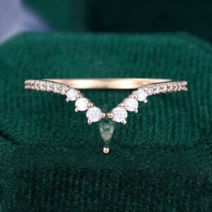 Moss Agate & Moissanite Curved Wedding Band Half Eternity Pavé Stacking Ring