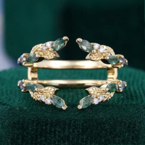 Moss Agate Open Enhancer Wedding Band Leaf Design Stacking Ring