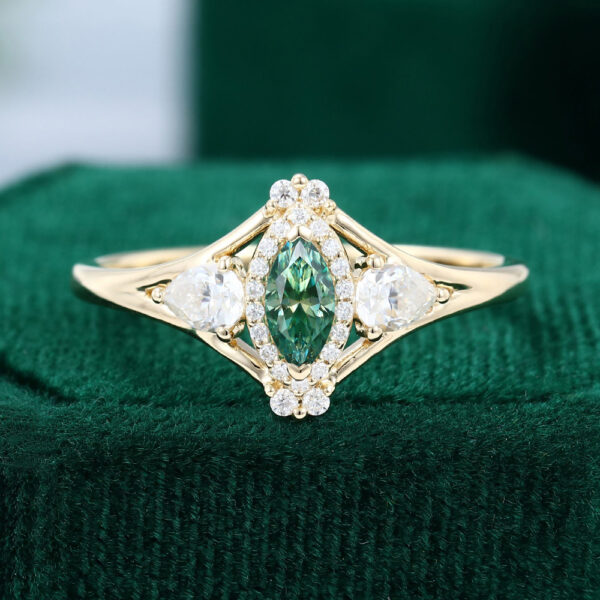 Vintage Marquise Cut Green Moissanite Halo Engagement Ring
