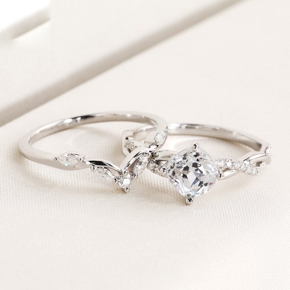 cushion cut engagement ring with curved wedding band