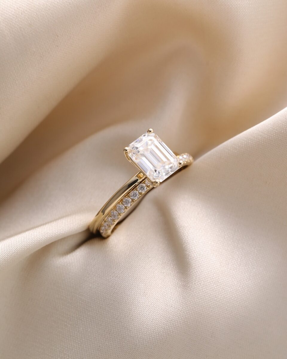 emerald cut engagement ring with wedding band