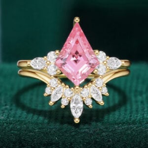 Kite Cut Lab Pink Sapphire Bridal Ring Set