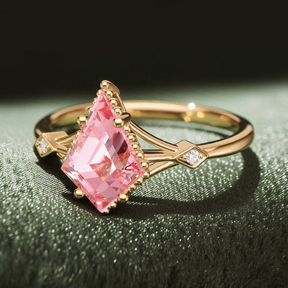 Kite Cut Pink Sapphire Engagement Ring with Moissanite Accents (4)